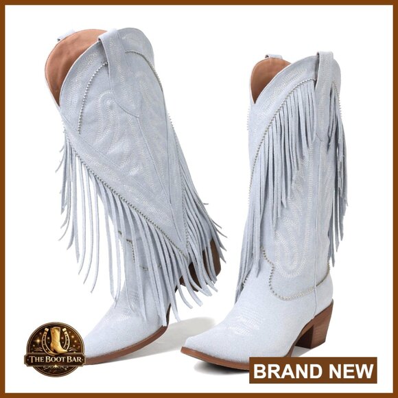Shoes - Retro Pointed Toe Pull On Block Heel Embroidered Tassel Cowgirl Boots